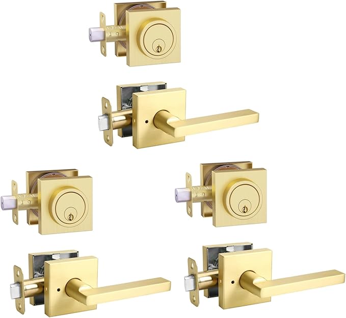 Gold Heavy Duty Privacy Lever Door Handle and Single Cylinder Deadbolt Lock,Exterior Door Lock Set with Deadbolt(3Pack-Set,Satin Brass)