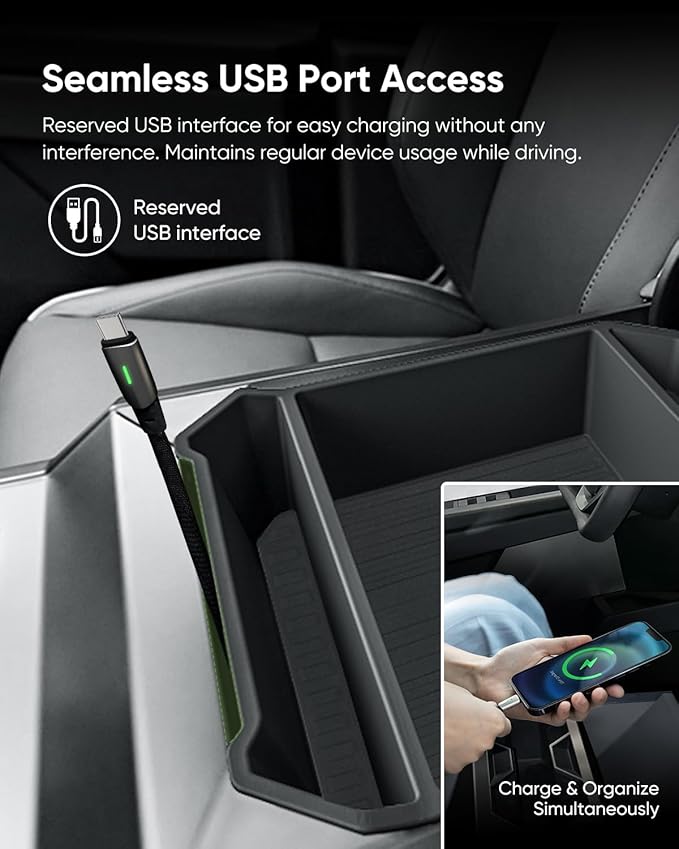2024-2025 Tesla Cybertruck Center Console Organizer Tray | Custom-Fit Armrest Storage Box | Premium TPE Material, Reserved USB Port, Anti-Slip Design, Easy Installation