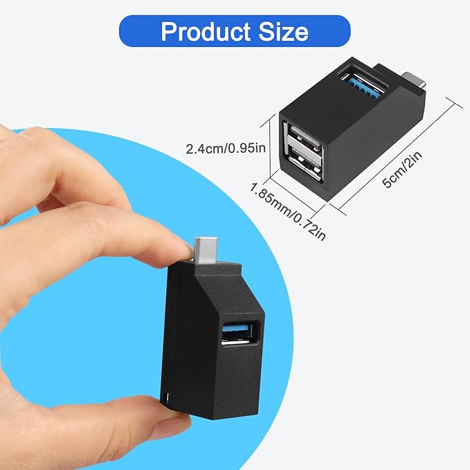 3-Port USB Hub for Laptop,USB Port Expander Adapter,1 USB 3.0 and 2 USB 2.0 Port Portable Powered Data Suitable for Connecting USB C and USB A Ports to Mobile Hard Drives, USB Flash Drives