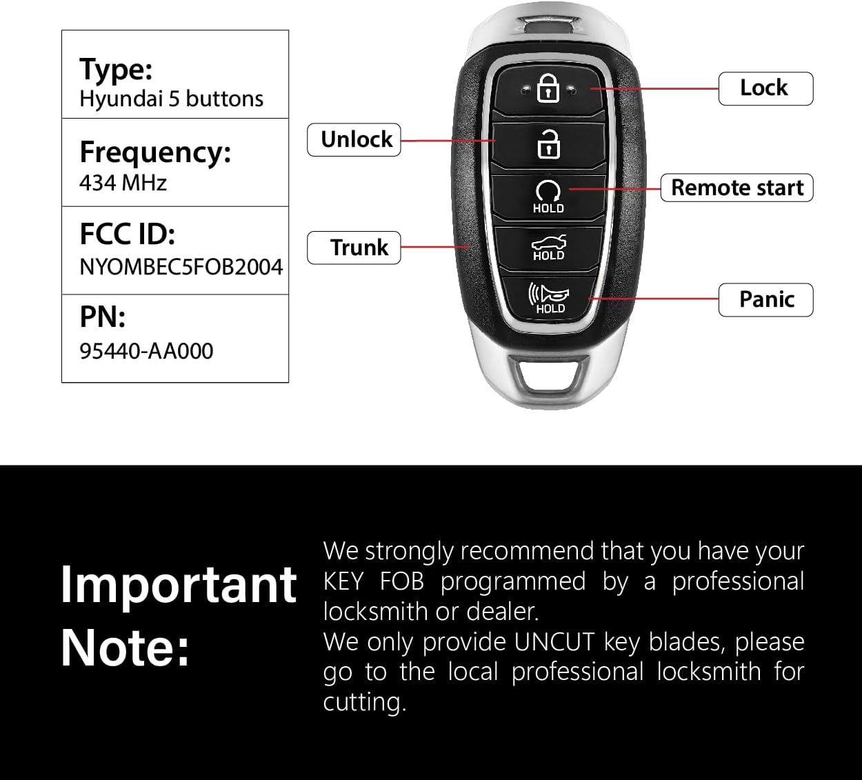 Replacement for 2020 2021 2022 2023 Hyundai Elantra Key Fob Remote Control NYOMBEC5FOB2004 5 Buttons 6A 434MHz