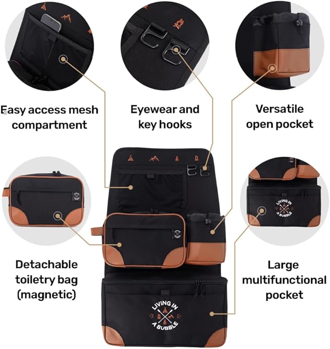 Living in a Bubble Seat back Organizer – Magnetic Toiletry and Cooler Pouch, Cordura Car Backseat Storage with Device Holder & Hooks, Multi-Compartment Utility Bag for Campervans & Family Travel