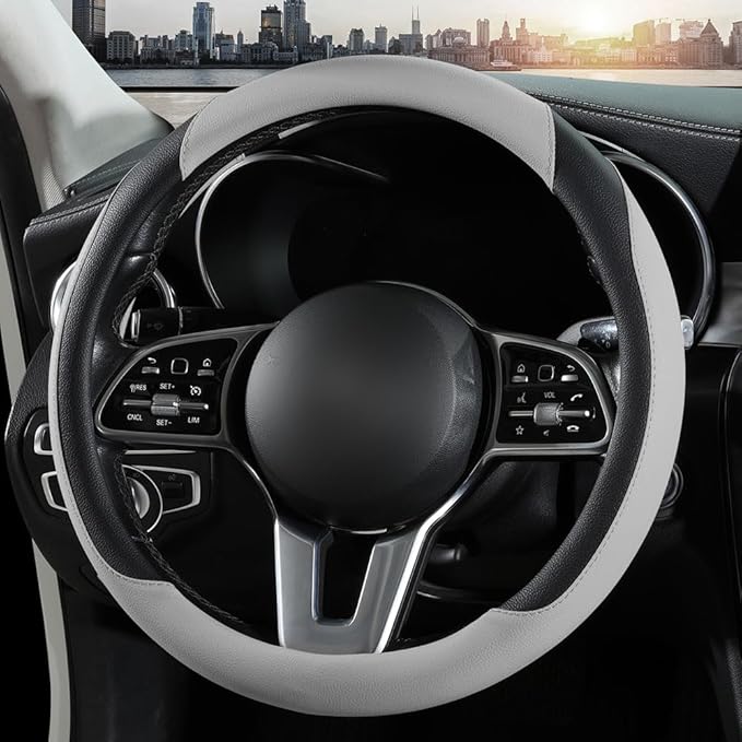 Car Steering Wheel Cover, Microfiber Leather Steering Wheel Cover Universal Fit 14.5-15 inch Anti-Slip Comfortable Breathable Car Wheel Protector for Men Women,Grey