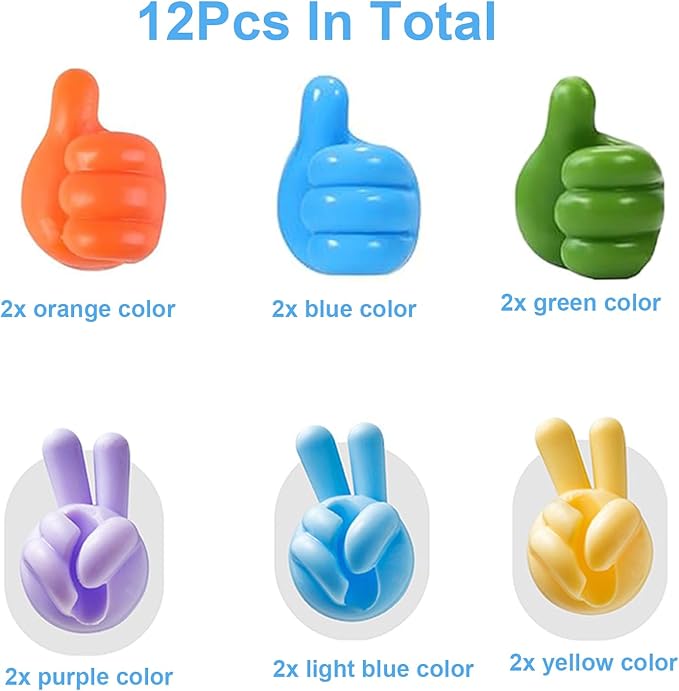 12Pcs Silicone Cord Holders, Thumbs Up Wall Hook for Keys Cord Organizer, Self Adhesive Cable Clips Hooks, Cool Office Gadgets for Desk Stuff