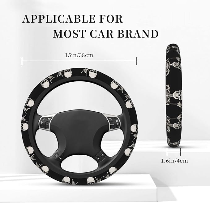 Rock and Roll Skull Steering Wheel Cover Men, Comfortable Elastic Steering Car Wheel Cover Fit 15 inches Universal Accessories Suvs Trucks Decor