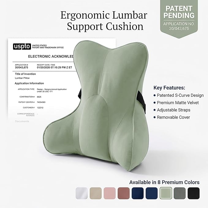 Lumbar Support Pillow (Pat. Pend) for Couch & Recliner, Ergonomic Chair Back Support for Lower Back Pain Relief, Back Support for Couch, with Adjustable Strap to Stay in Place, Celadon Green
