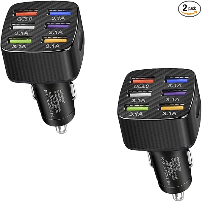 Car Charger Adapter, 6 USB Multi-Port Fast Charger QC3.0 USB Smart Shunt Cigarette Lighter Charger, Car Phone Charger for iPhone, Android, Samsung, Galaxy