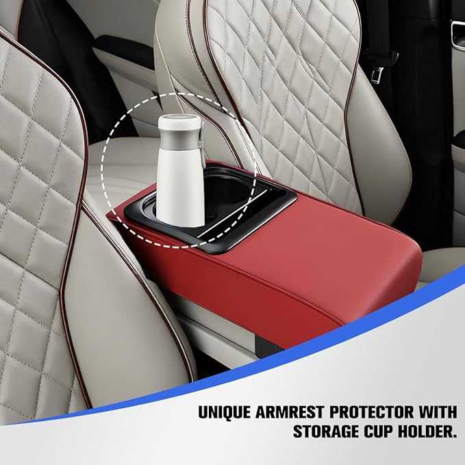 Car Center Console Armrest Pillow, Vehicle Armrest Seat Box Cushion Pad with Cup Holder & Phone Holder, Comfortable Auto Middle Console Cover, Universal for SUV RV Truck (Wine Red)