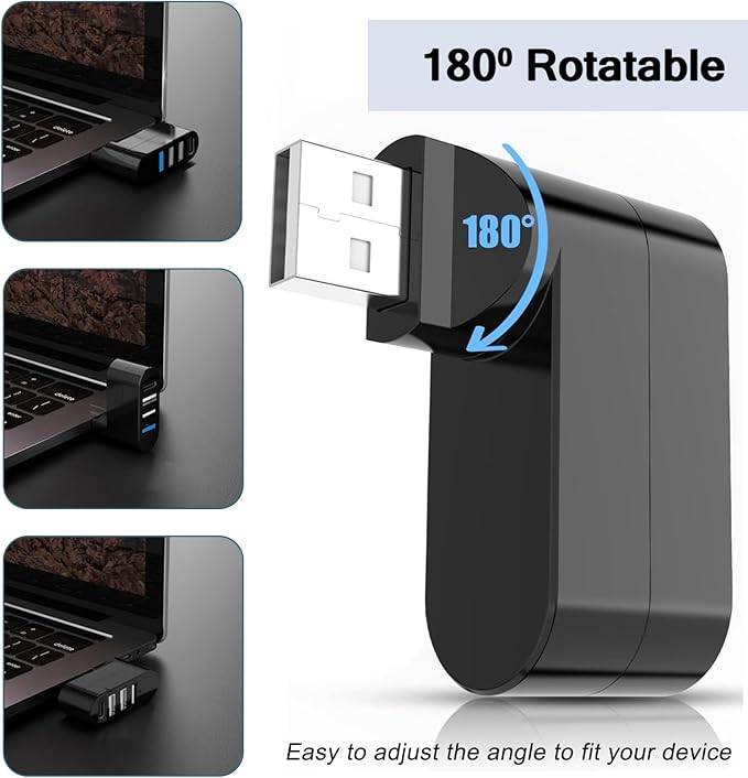 4-Port USB 3.0 Hub [90°/180° Degree Rotatable], Powered USB Hub with 1 x USB C Power/Data Port, USB Expander USB Splitter for Laptop, PC, Car, iMac, MacBook Air/Pro, Tesla-2 Pack