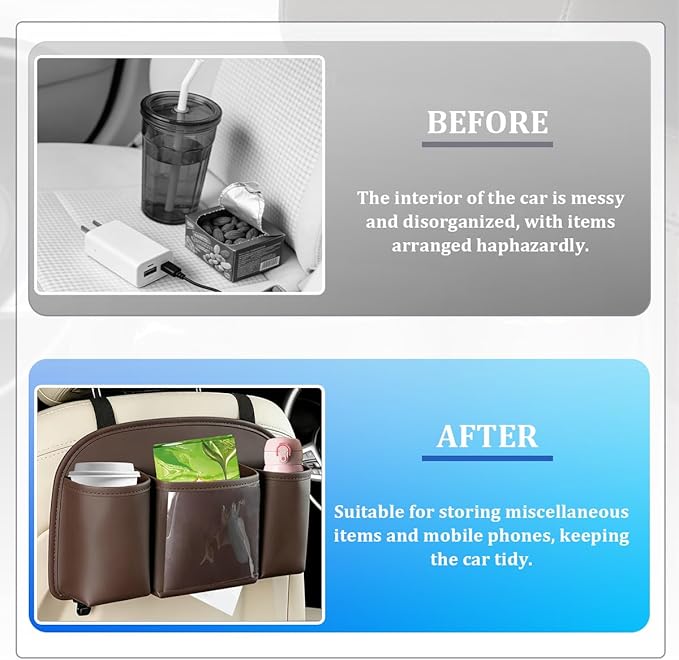 Car Back Seat Organizer, Leather 4-in-1 Seat Back Hanging Storage Bag with Tissue Box, 2 Cup Holder & Hook, Multi-Purpose Backseat Organizer Pocket for Hold Phone Drink, Universal Fit (Brown)