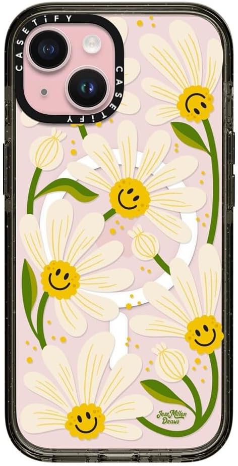 CASETiFY Impact iPhone 15 Case [Slim/Compatible with Magsafe / 8.2 ft. 4X Military Grade Drop Protection] - 90s Daisy - Clear Black