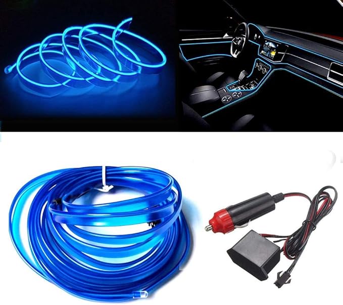 MaxLax Blue EL Wire Car Interior LED Kit - 16.4ft Flexible neon-Style Wire with 12V Fused Power Supply. Features 6mm Reinforced Edge for Easy auto Installation