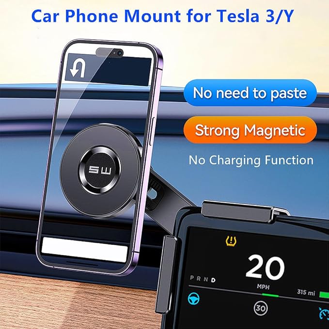 Magnet Phone Mount for Tesla Model 3/Y Accessories, Tesla Phone Mount for Magsafe iPhone & Android Phones, Strongest Magnetic Power Adjustable Car Phone Holder, with 1pcs Magnetic Ring