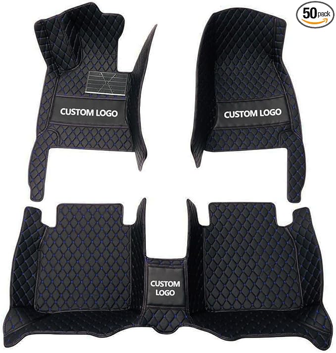 Custom Floor Mats for Cars，Luxury Full Coverage All Weather Car Floor Mats，Leather Car Mat Set ， Floor Mats for 99% of Cars, Trucks & SUVs (Black Blue)