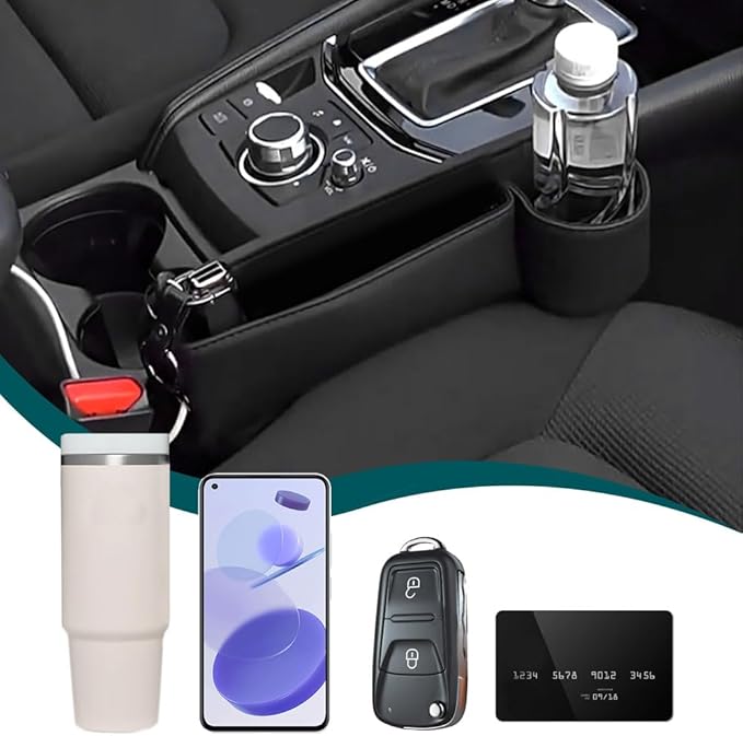 Car Seat Gap Organizer, Multifunctional Car Seat Organizer with Adjustable Cup Holder, Leather Car Seat Gap Storage Box for Holding Phones, Coins, Cards, Keys, Pens (Black)