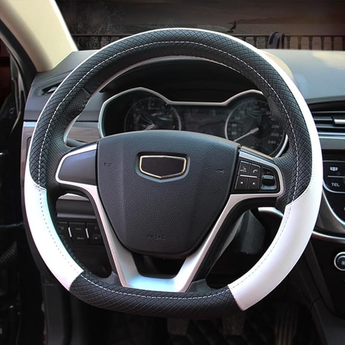 Pahajim Steering Wheel Cover Flat Bottom, D Shaped Car Steering Wheel Wrap PU Leather Anti Skid 14.5-15 Inch (37-38cm) Cubre Volantes Carros for Women Men (White)
