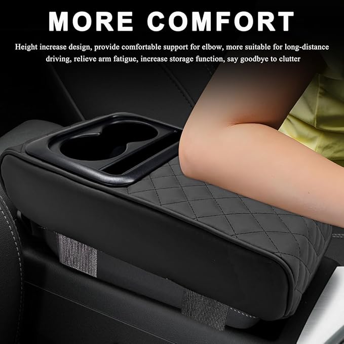 Car Center Console Armrest Pillow, 14"×8.3" Waterproof Leather Armrest Box Cover with Cup and Phone Holder, Soft Memory Foam Arm Rest Console Pad Protector for SUV Truck (Black, Embroidery)