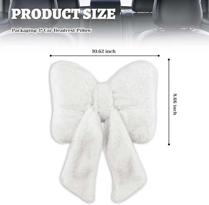 Furry Bow Car Headrest Pillow,Soft & Comfortable Car Neck Pillow for Cars Decorations & Fatigue Relief,Universal Head Rest Pillows for Cars Interior Accessories for Trucks,SUVs (White)