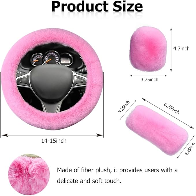 Fluffy Steering Wheel Cover, Winter Warm, Suitable for Most Car Steering Wheels in The 14-15 Inch Range (Pink, 3PCS)