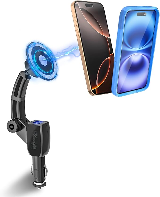 Magnetic Phone Holder for Car Cigarette Lighter [Dual USB Fast Charging] Cigarette Lighter Socket Phone Mount Charger with Adjustable Arm, for iPhone 16 15 14 MagSafe Car Mount