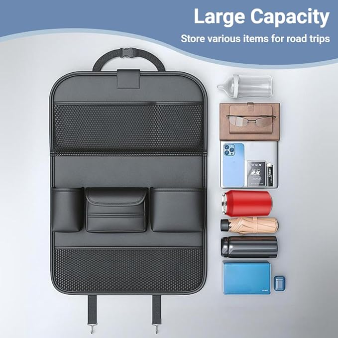 2 Pack Leather Car Backseat Organizer with Foldable Table Tray, Car Seat Back Protector Kick Mats with Tablet Holder, Travel Accessories Storage Organizer