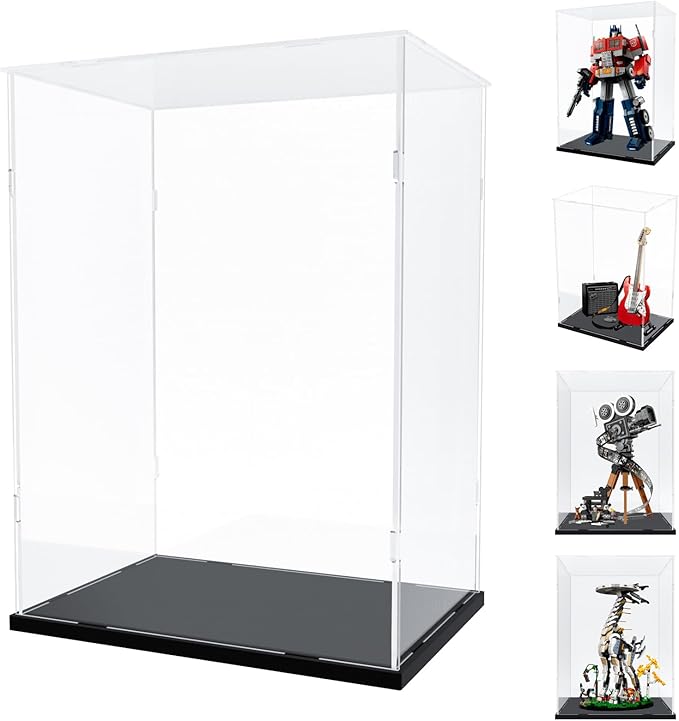 Choowin Acrylic Display Case for Lego Camera 43230 for Lego Guitar 21329 for Lego Optimus Prime 10302 Thickened Clear Acrylic Display Cases for Collectibles Assemble Dustproof Display Box(Black Base)