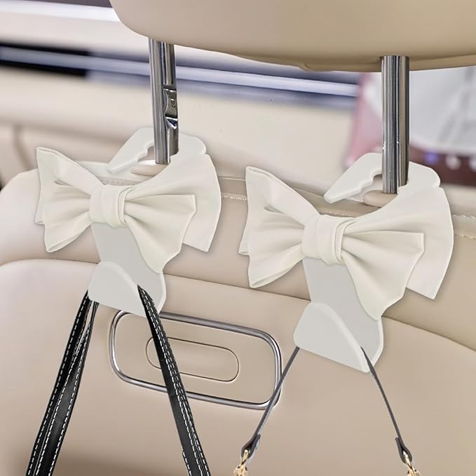 2PCS Car Purse Hooks, Car Hooks for Purses and Bags Cute, Cute Bow Shaped Vehicle Backseat Storage Hanger, Auto Leather Bow Back Seat Storage Hanging Holder Universal for Women Girls (White)
