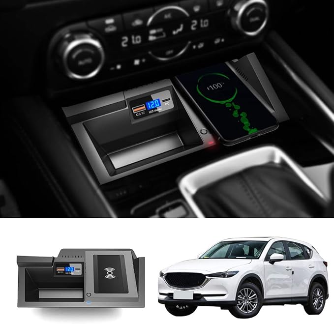 CX-5 Wireless Charger Custom fit for Mazda CX5 2017-2025,15W Qi Fast Charging Central Control Storage with USB Port QC 3.0 36W Individual Control Wireless Charging Station