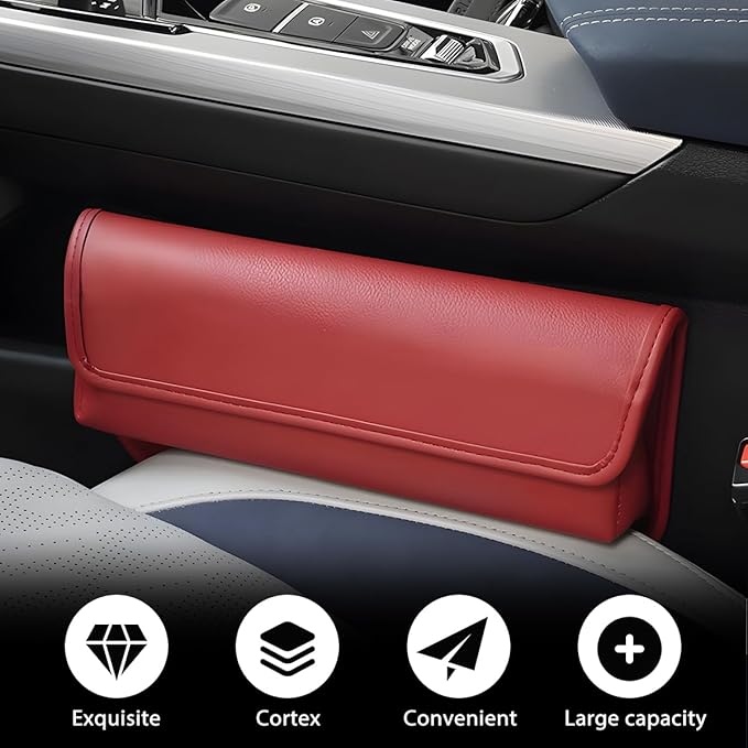 Car Seat Gap Filler Organizer, Leather Vehicle Side Seat Gap Storage Box with Lid for Phone Key Card, L-Capacity Auto Interior Organization, Universal for SUV Sedan Truck (Wine Red)