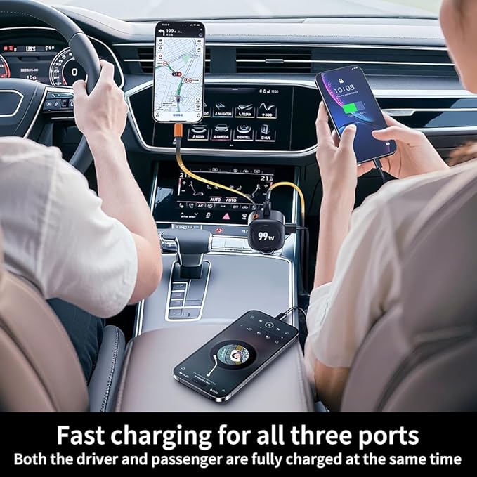 Retractable Car Charger, 99W USB C Car Charger Adapter, 3-in-1 Multi Port Fast Charging Car Accessories Compatible with iPhone 17/16/15 Series