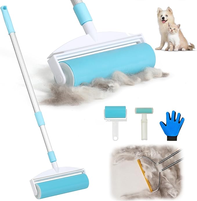 5-in-1 Pet Hair Remover Kit, Washable & Reusable Gel Lint Roller with 40.5" Extendable Handle, Cat Dog Hair Removal Tool, Carpet Rake & Grooming Gloves for Pets, Couch, Furniture, Clothes