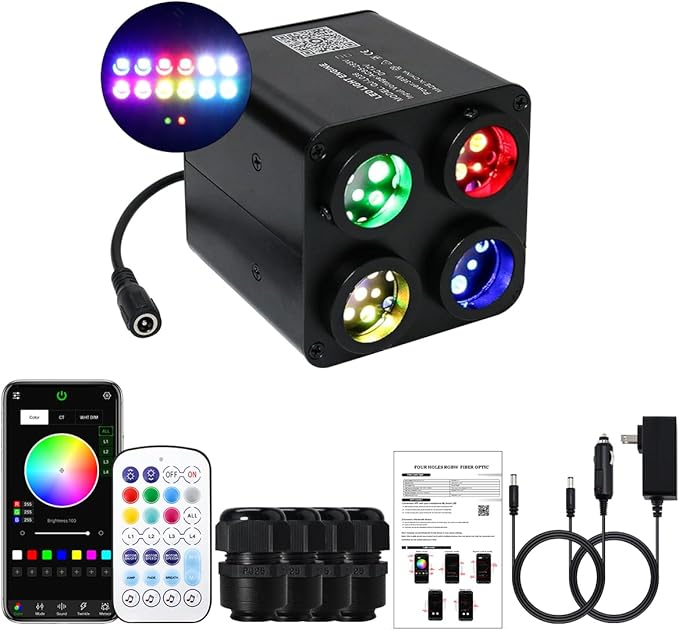 AKEPO 4 Color 36W RGBW Twinkle+Colorful Meteor Two-in-one Fiber Optic Light Source, 4 Ports Twinkle+RGB Shooting Star+Music Activated+Bluetooth APP+28-Key Remote Control Home/Car Starlight Headliner