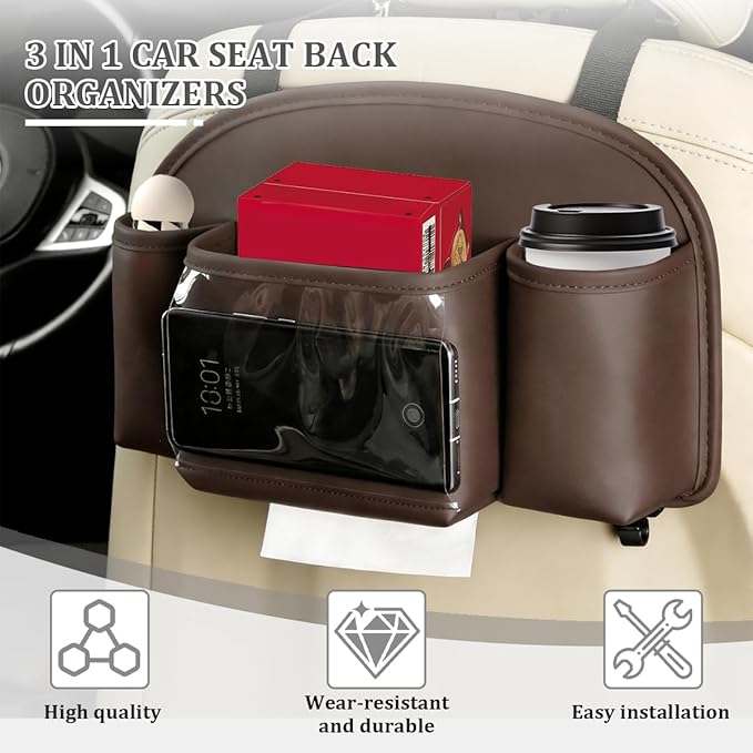 Car Back Seat Organizer, Leather 4-in-1 Seat Back Hanging Storage Bag with Tissue Box, 2 Cup Holder & Hook, Multi-Purpose Backseat Organizer Pocket for Hold Phone Drink, Universal Fit (Brown)