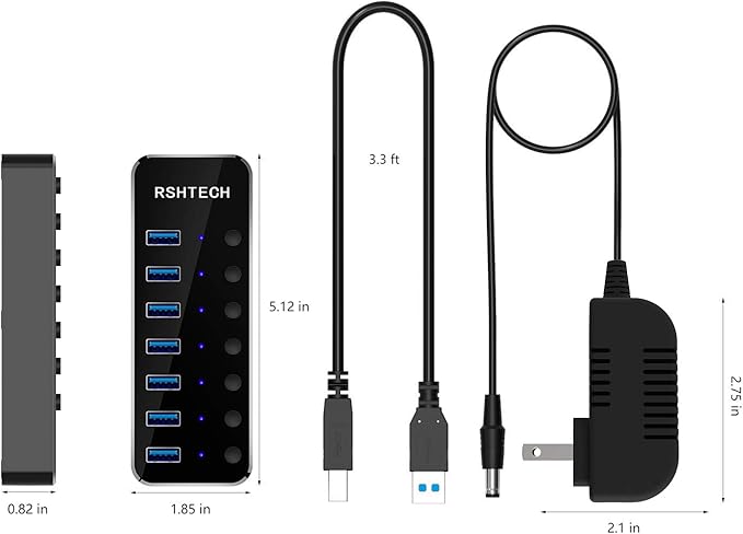 USB 3.0 Hub, RSHTECH 7 Port Powered USB Hub Expander Aluminum USB 3.0 Data Port hub with Universal 5V AC Adapter and Individual On/Off Switches USB Splitter for Laptop and PC(Black) (Pack of 2)