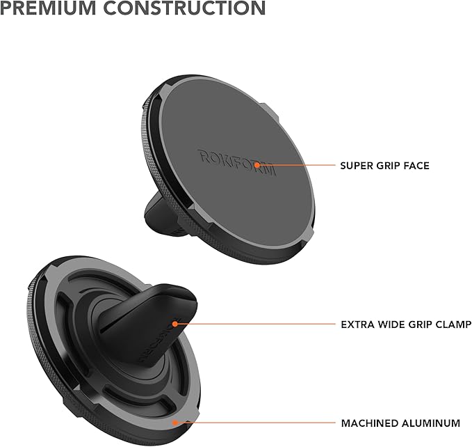ROKFORM - Double Magnetic Air Vent Holder, Super Grip Clip, Aluminium Car Holder, Compatible with MagSafe Phones and Cases and All Cases (Black)