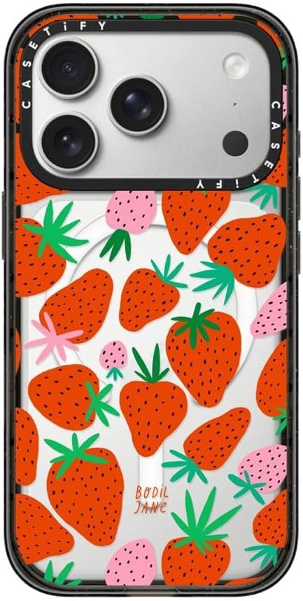 CASETiFY Impact iPhone 17 Pro Case [Slim/Compatible with Magsafe / 8.2 ft. 4X Military Grade Drop Protection] - Strawberries - Clear Black