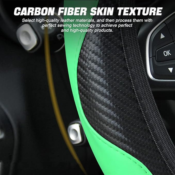LoyaForba Car Steering Wheel Cover, Microfiber PU Leather Elastic Carbon Fiber Auto Steering Wheel Protector, Universal 15 Inch Breathable Anti-Slip, Car Interior Accessories for Most Cars (Green)