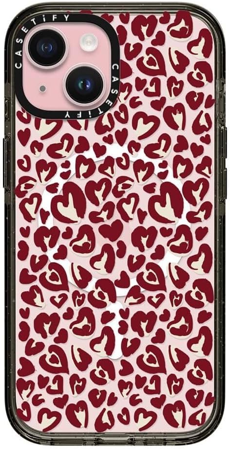 CASETiFY Impact iPhone 15 Case [Slim/Compatible with Magsafe / 8.2 ft. 4X Military Grade Drop Protection] - Leopard Love- Red - Clear Black
