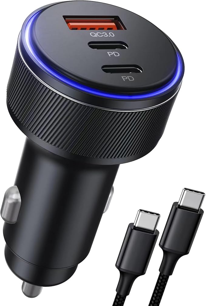 USB C Car Charger,90W 3-Port Dual USB-C & USB-A Car Power Adapter,Includes a Fast Charging Cable for iPhone 16/15/14/13/12/11/Pro Max, iPad, Samsung Galaxy, Google Pixel and Android Devices