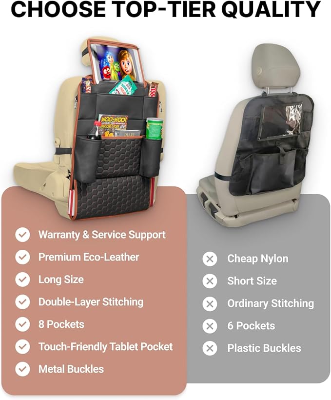 Owleys Car Seat Organizer Backseat Back Organizers & Storage Of Automotive Seatback Toy Organization For Kids Black Brown Tan 2 pc