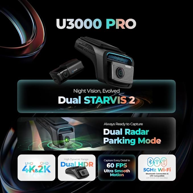 THINKWARE U3000 PRO 4K Front Dash Cam, 64Ghz Built-in Radar Buffered Parking Mode, STARVIS 2 Sensors, HDR, 5GHz Wi-Fi GPS, LTE or Cabin Cam Compatible (64GB Memory Card, CPL, Hardwiring Cable Incl)