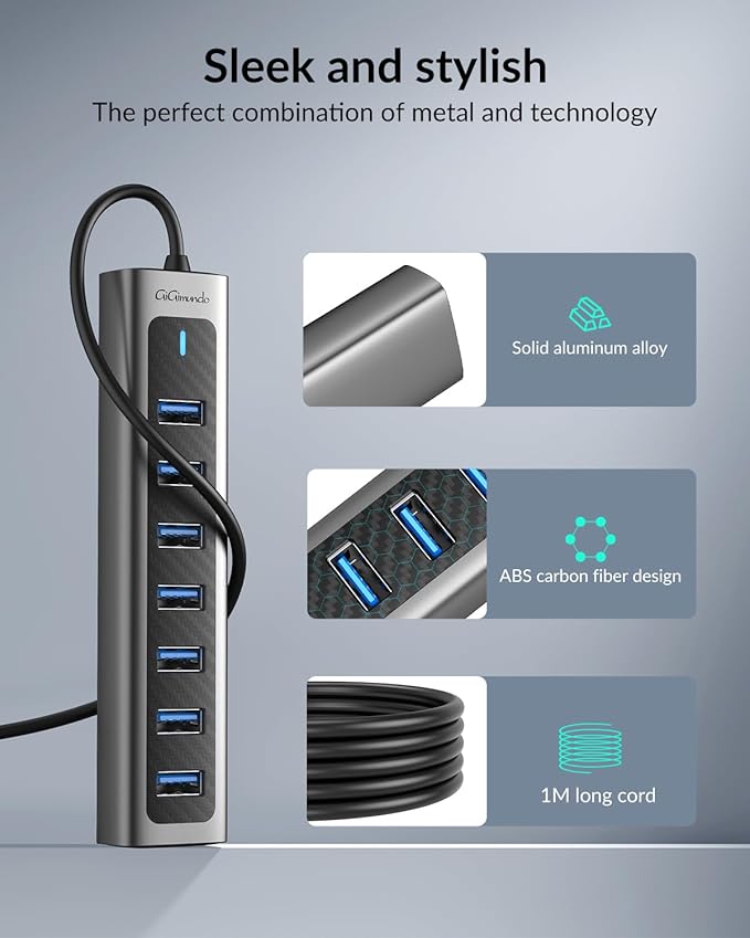 GiGimundo USB 3.0 Hub, 7-Port USB Extender Hub with 3.3FT Long Cable, USB Splitter, Aluminum High-Speed 5Gbps USB Hub for PC, Laptop, Desktop, Computer, PS5, XPS(Gray,1M)