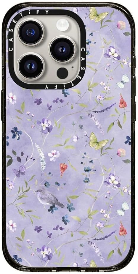 CASETiFY Impact Case for iPhone 15 Pro [8.2ft 4X Military Grade Drop Protection/Compatible with Magsafe] - Floral Reverie Purple - Clear Black