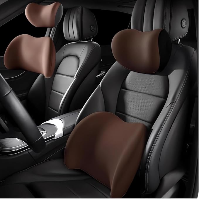 Car Headrest & Lumbar Support Cushion 2025 Upgrade Comfort Memory Foam Car Backrest and Neck Pillow Ergonomic Car Headrest & Lumbar Support for Driving Car Support Cushion for Office Chair Car (Brown)