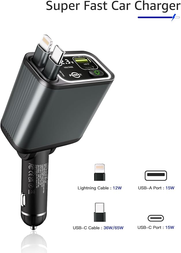 Retractable Car Charger USB C,107W Type C Car Charger Fast Charging with Dual Retractable Cable and USB Ports for iPhone 17/16/15,S25/24/23/22, Pixel 9/8/7(Build-in USB-C & Lightning Cable)