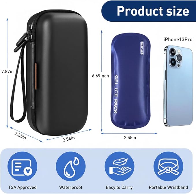 Insulin Cooler Travel Case, Portable EVA Medicine Travel Cooler, Diabetes Case with 2 Reusable Ice Packs TSA Approved for Diabetic Supplies Patent Pending(Black-No Temp)