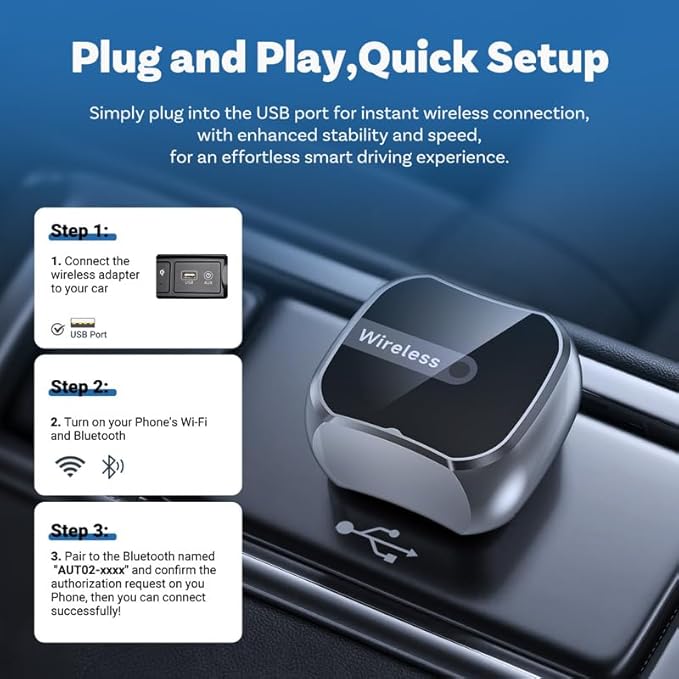 Upgraded Wireless CarPlay Adapter for OS 10+ or Android 11, Mini Wired to Wireless Adapter for CarPlay ＆Android Auto, Plug and Play, Stable Connection & No Latency
