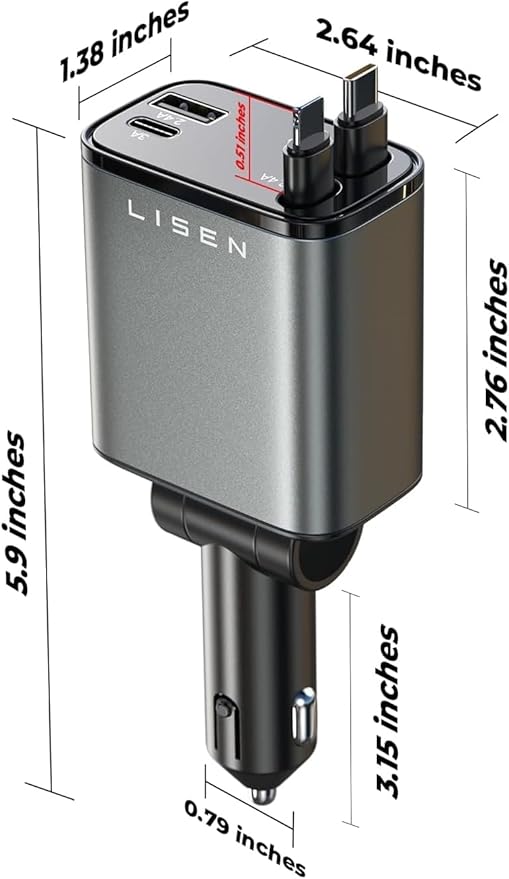 LISEN Retractable Car Charger 4 in 1 for Cars, 69W Retractable USB C Car Charger with 31.5in Cable, Fast Charging for iPhone 17 16 15 14 13 12 Pro Max Plus, Compact Cars Accessories for Daily Driving