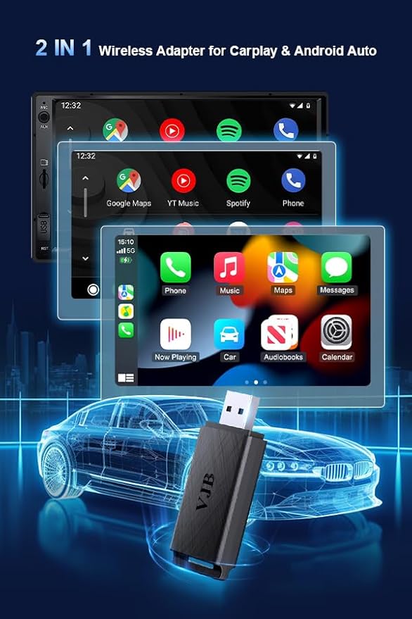 VJB Wireless CarPlay &Android Auto Adapter for iPhone & Android | Converts Wired to Wireless | Plug and Play Stable Connection Fast Auto-Connect (iOS 10+, Android 10+, 2016+ Cars)