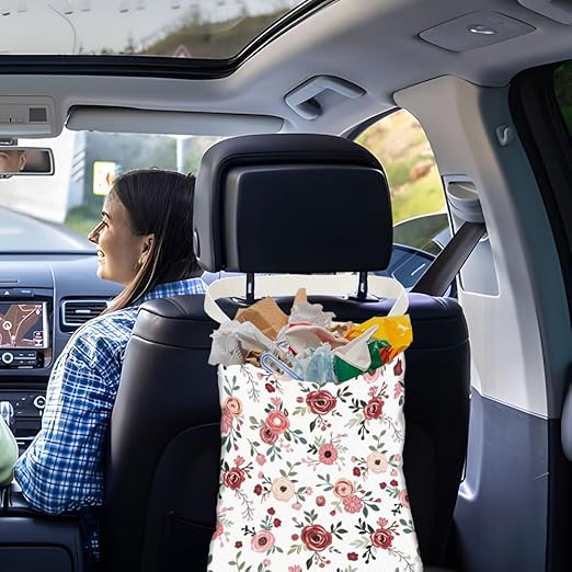Rose Floral Print Car Trash Bag Hanging Garbage Bag with Snap Buttons Car-Back Seat Trash Storage Portable Dustbin for Car Interior Accessories Travel Camping