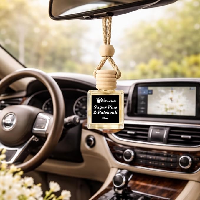 Sugar Pine & Patchouli Car Air Freshener Set of 3 (10 ml Each), Hanging Diffuser Bottles with Wooden Cap, Woodsy Earthy Fragrance for Car, Home & Office, Magnetic Gift Box